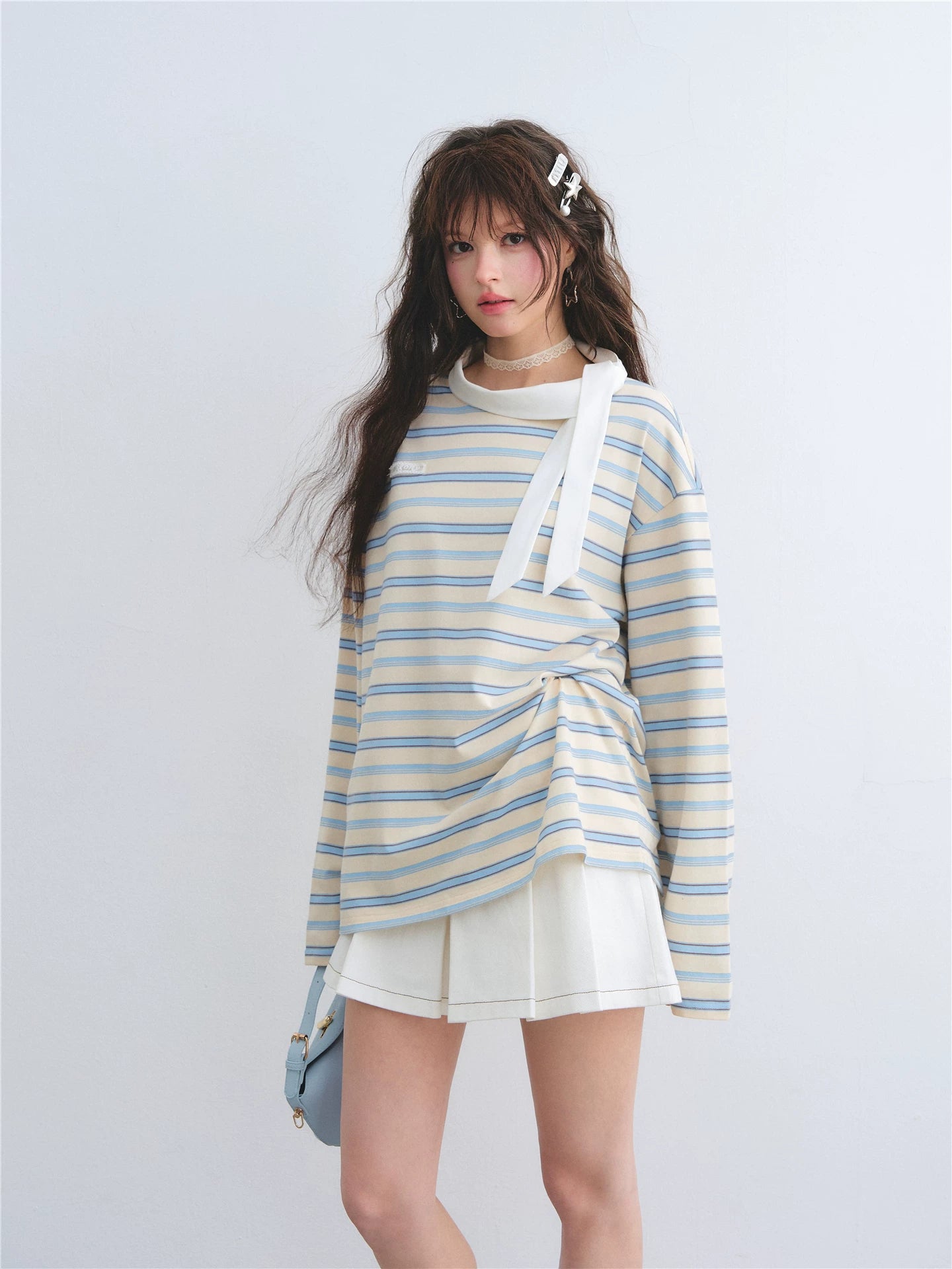 Contrast Tie Collar Striped Relaxed Long Sleeve T-Shirt