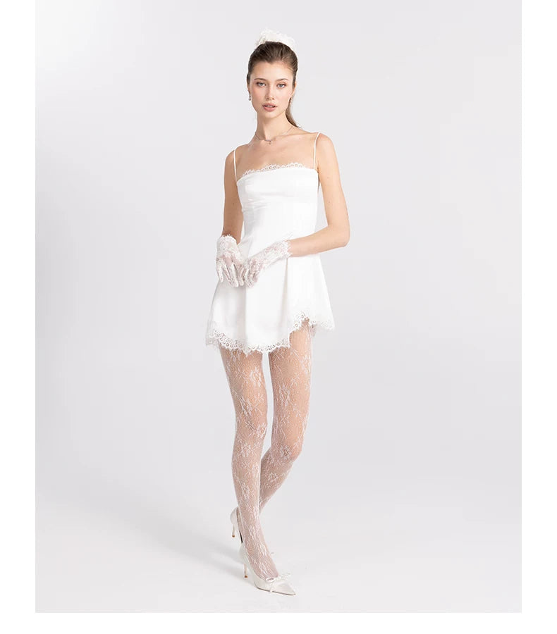 Lace-Trim Satin Fit-and-Flare Mini Dress