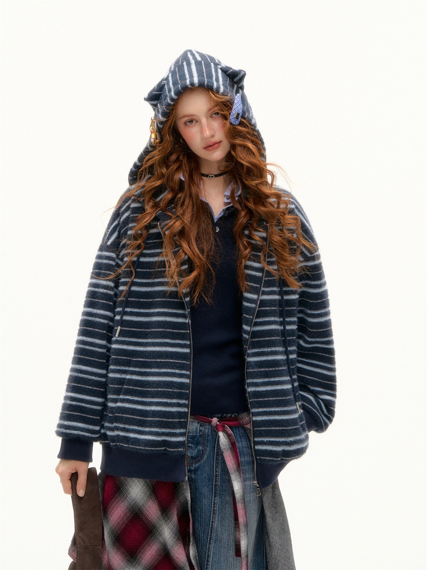 Striped Plush Cat-Ear Zip-up Hoodie