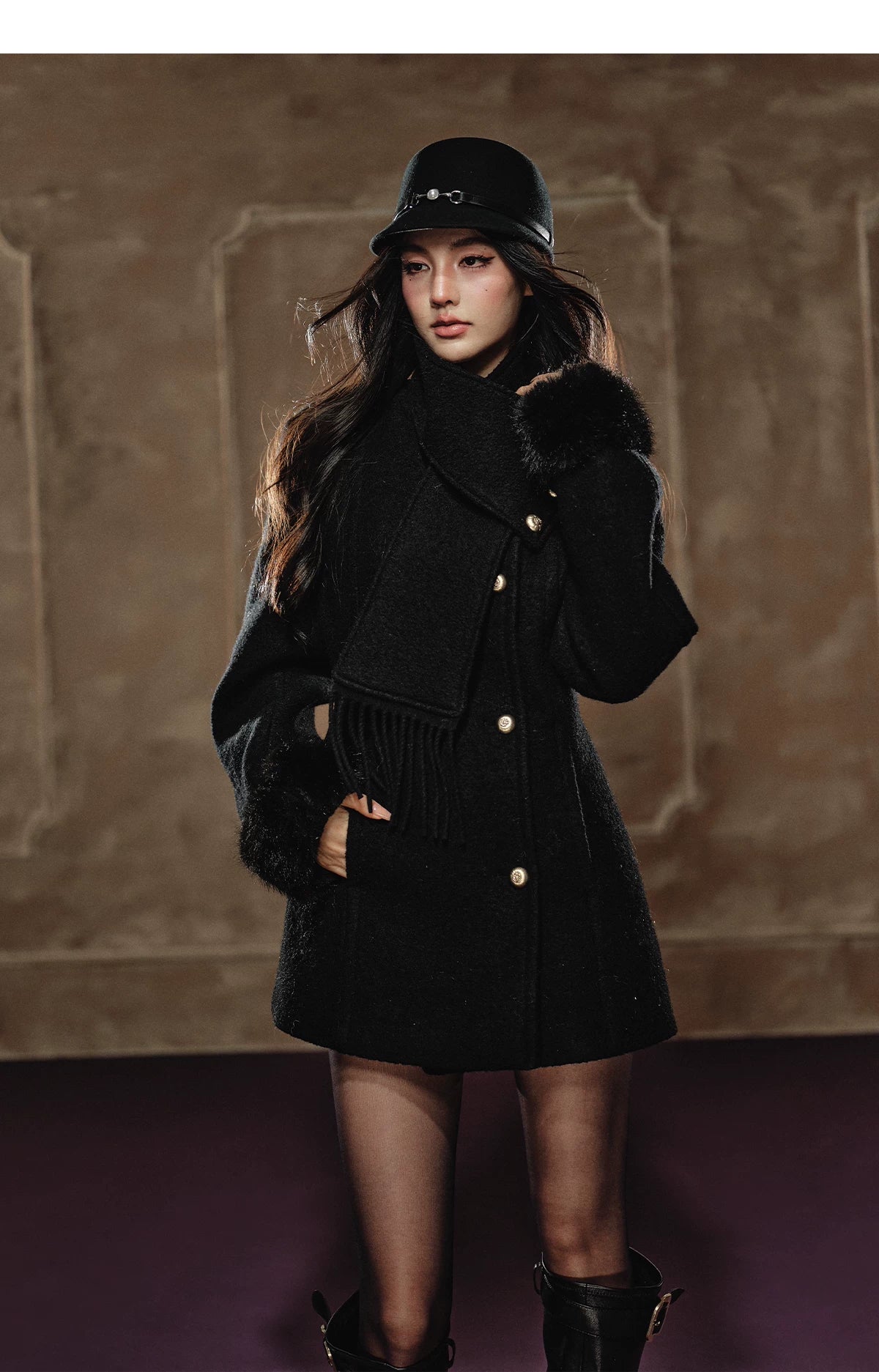 Detachable Fringe Scarf Hourglass-Waist Wool Coat