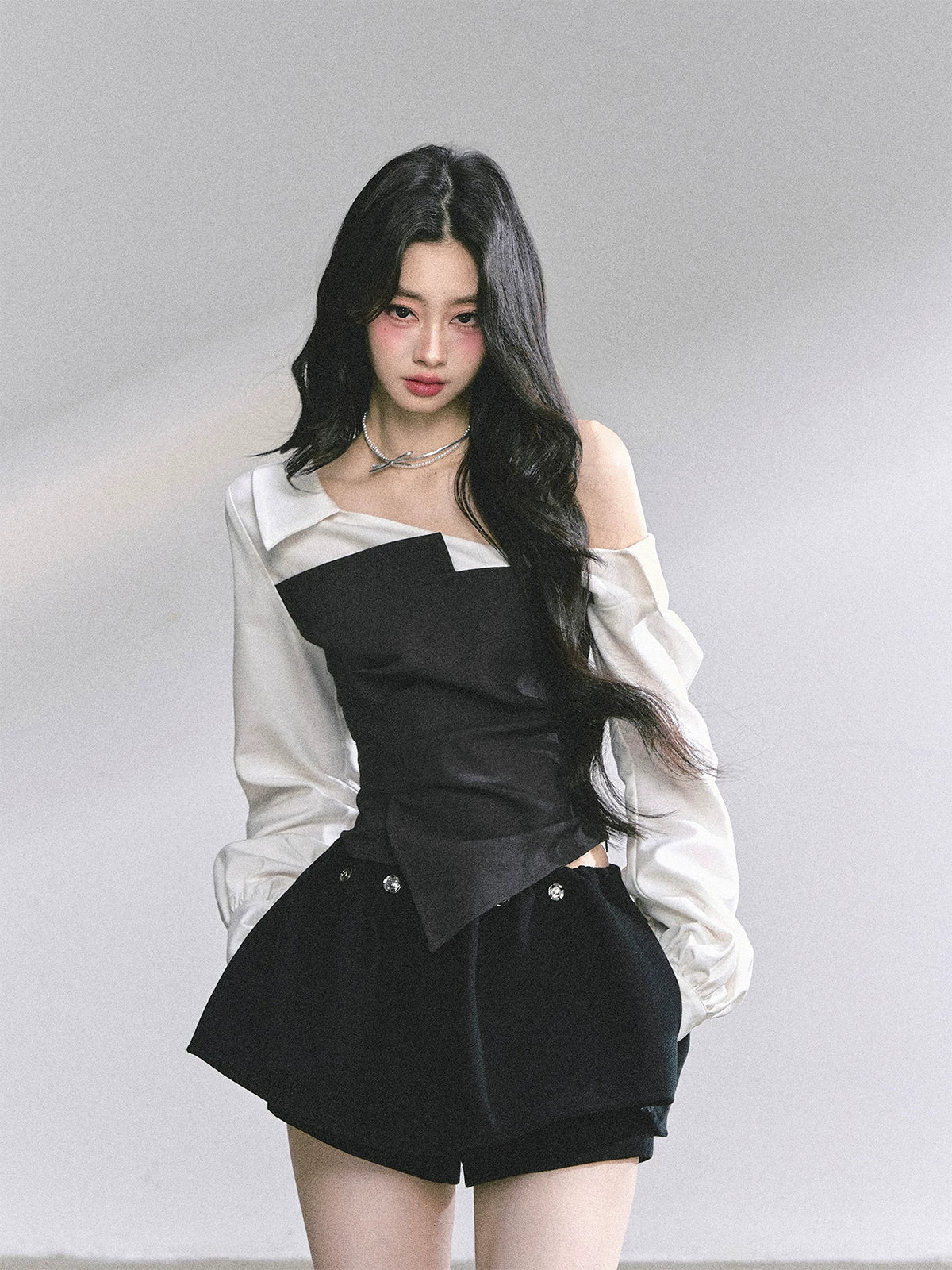 Faux Two-Piece Asymmetric Shoulder Shirt