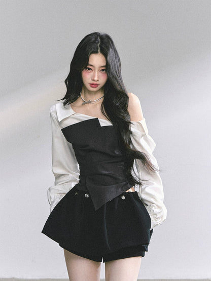 Faux Two-Piece Asymmetric Shoulder Shirt