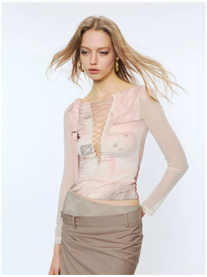 Original Print Mesh Patchwork Tie-Up Base Layer Top