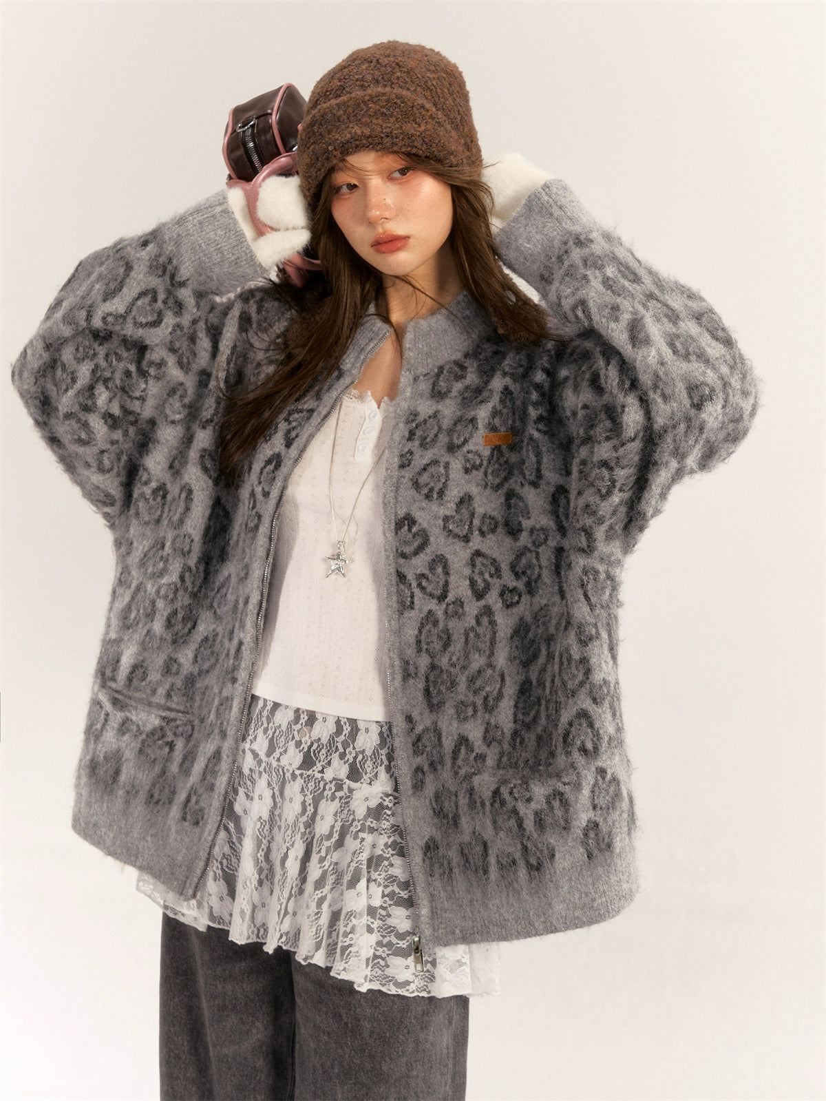 Brown &amp; Gray Leopard Print Coat