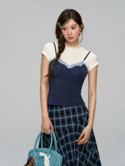 Fake Two Piece Lace Bow Short-Sleeve T-shirt
