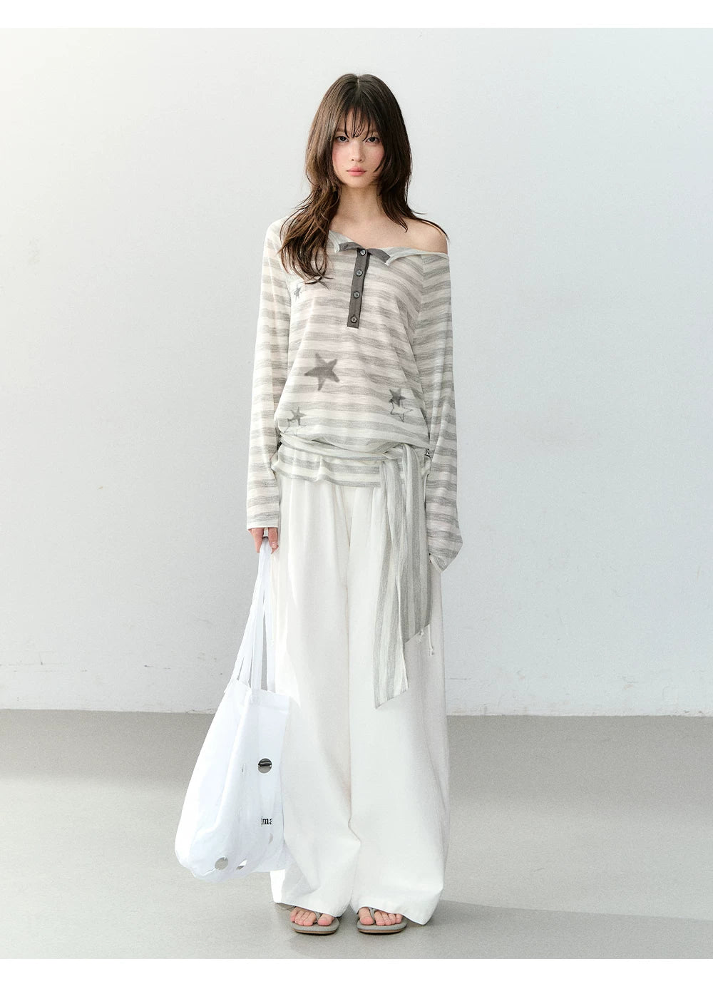 Star Print Off-Shoulder Striped Relaxed Knit Blouse