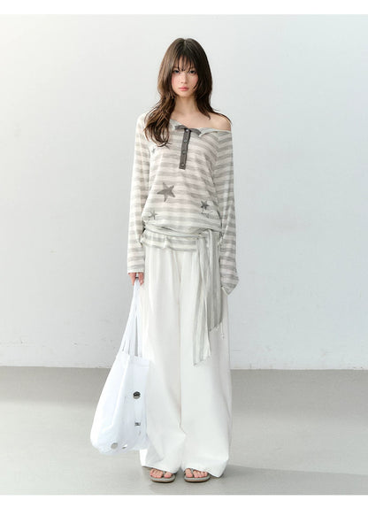 Star Print Off-Shoulder Striped Relaxed Knit Blouse