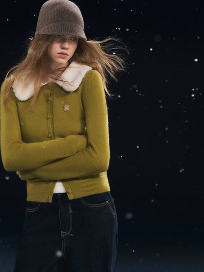 Fur Collar Soft-Touch Plush Cardigan