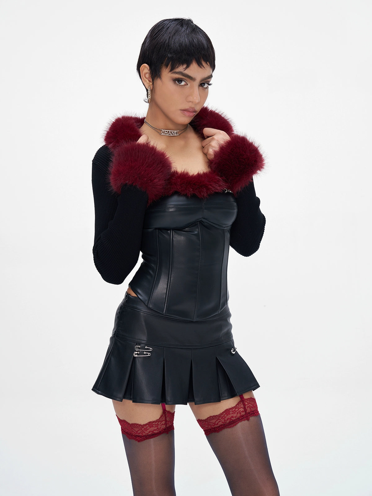 Fur-Collar Knit Cape &amp; Fuzzy Bodycon Skirt Set