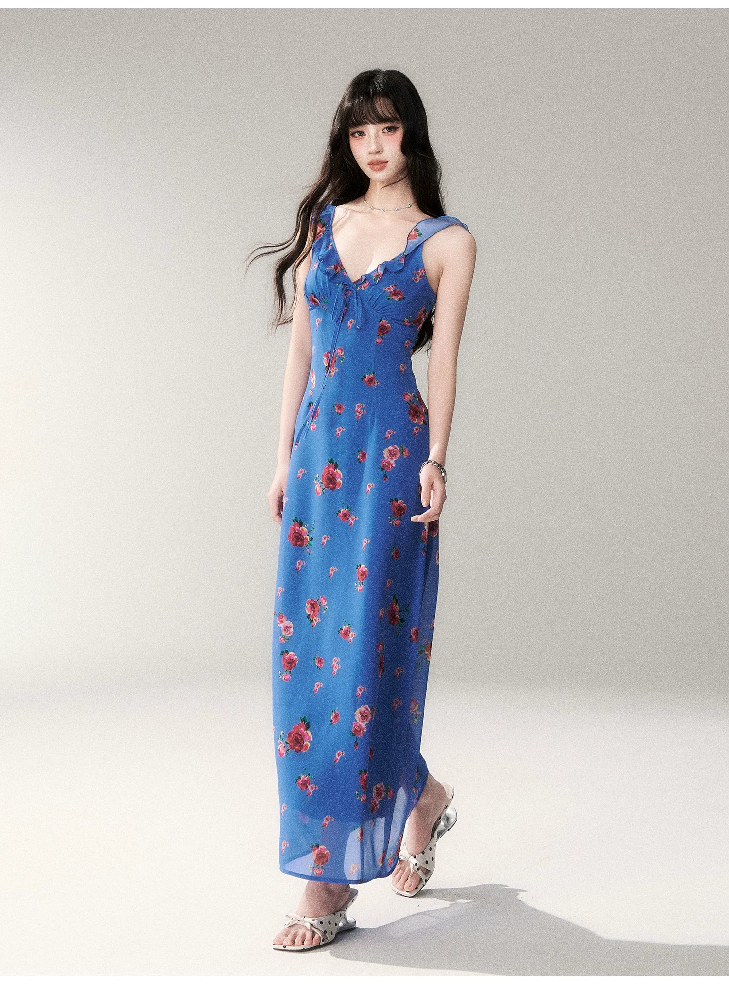 Blue Rose V-Neck Resort Maxi Dress