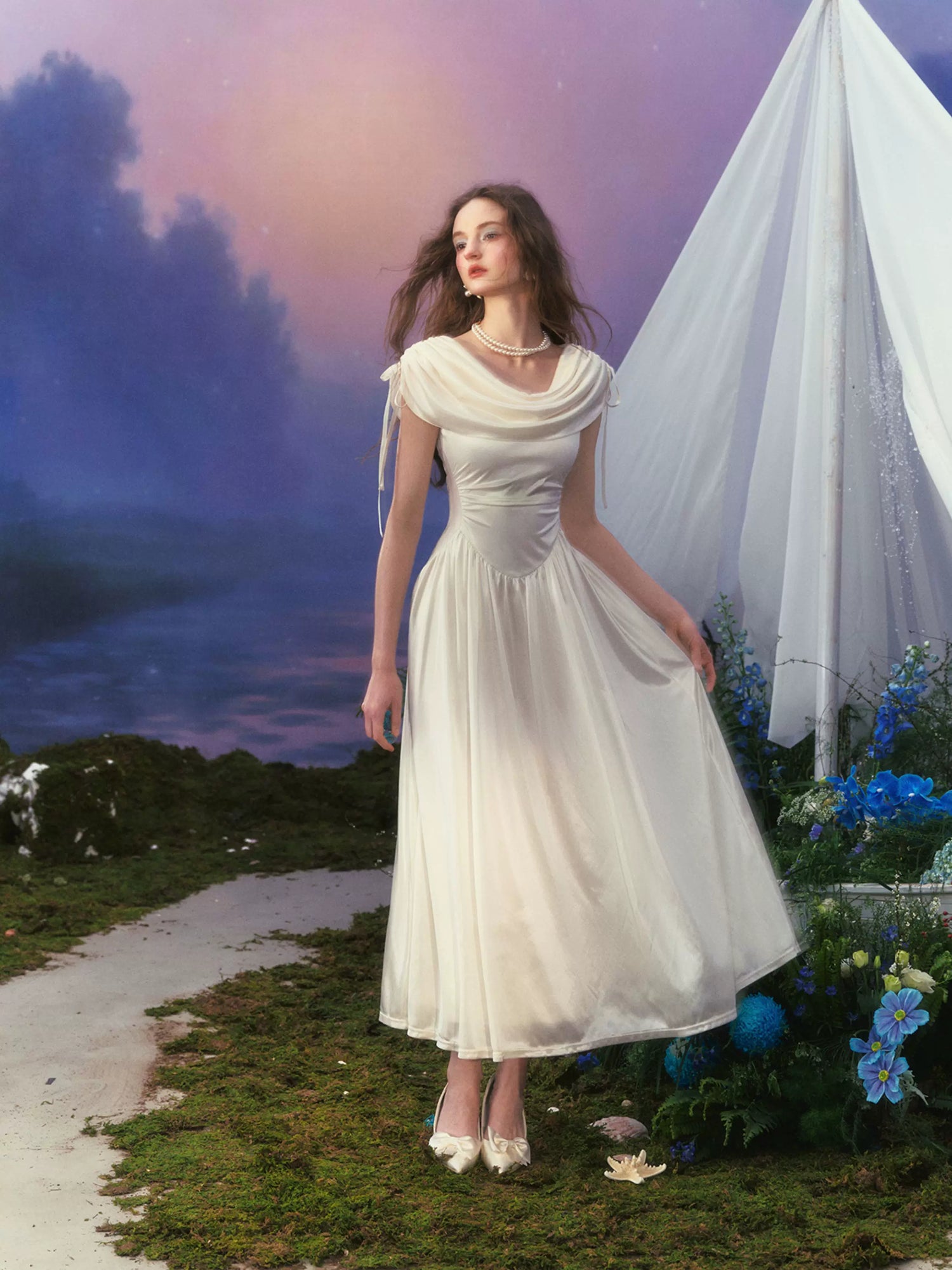 LaceMade White French Court-Style Draped-Neck Dress White (Pre-sale) / XL LaceMade White French Court-Style Draped-Neck Dress White (Pre-sale) / XL
