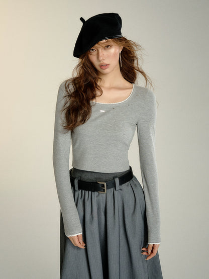 Black &amp; Gray Lace-trimmed Studded Top