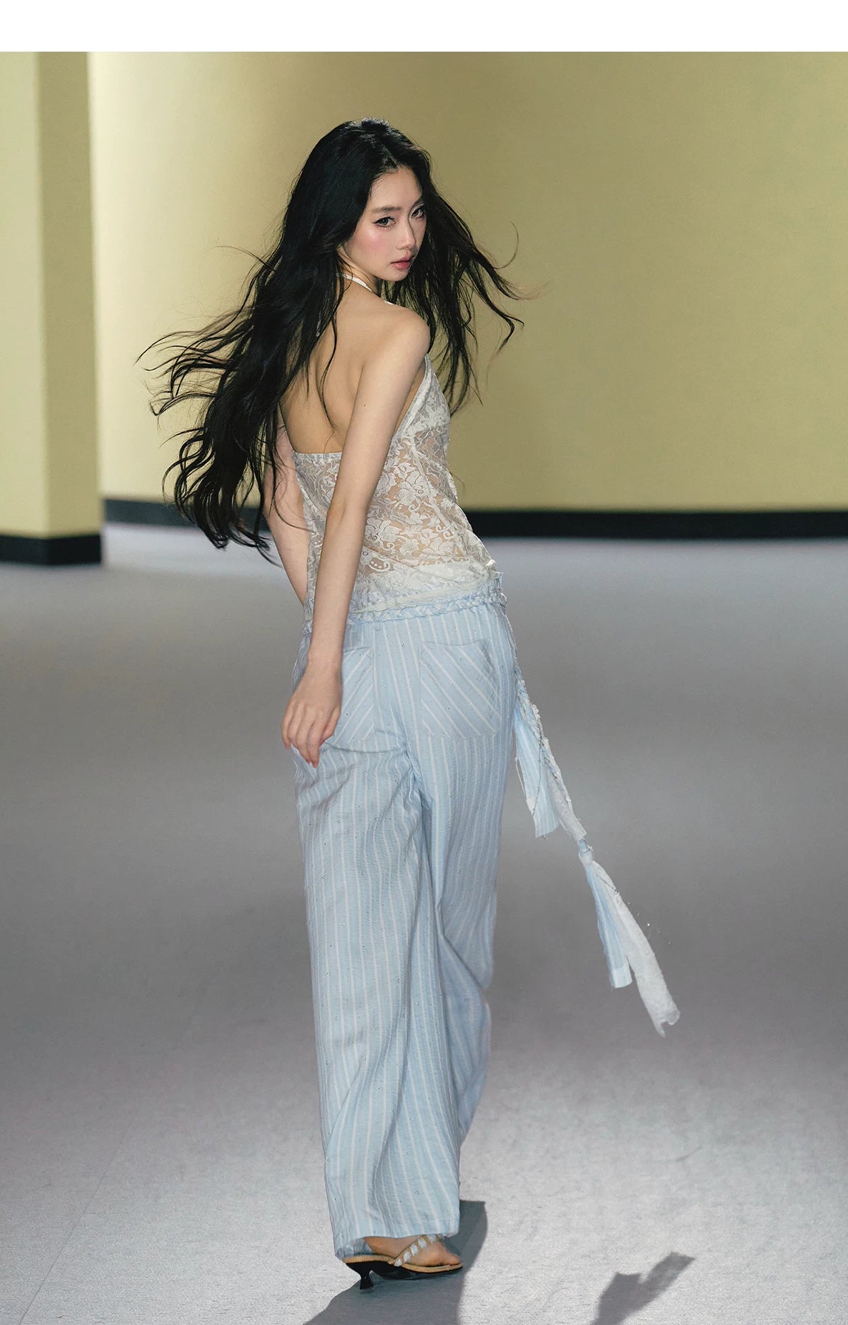 Hand-Braided Drawstring Striped Wide-Leg Trousers