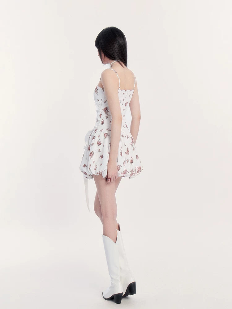 Dream French Floral Bow Waist Puff Dress