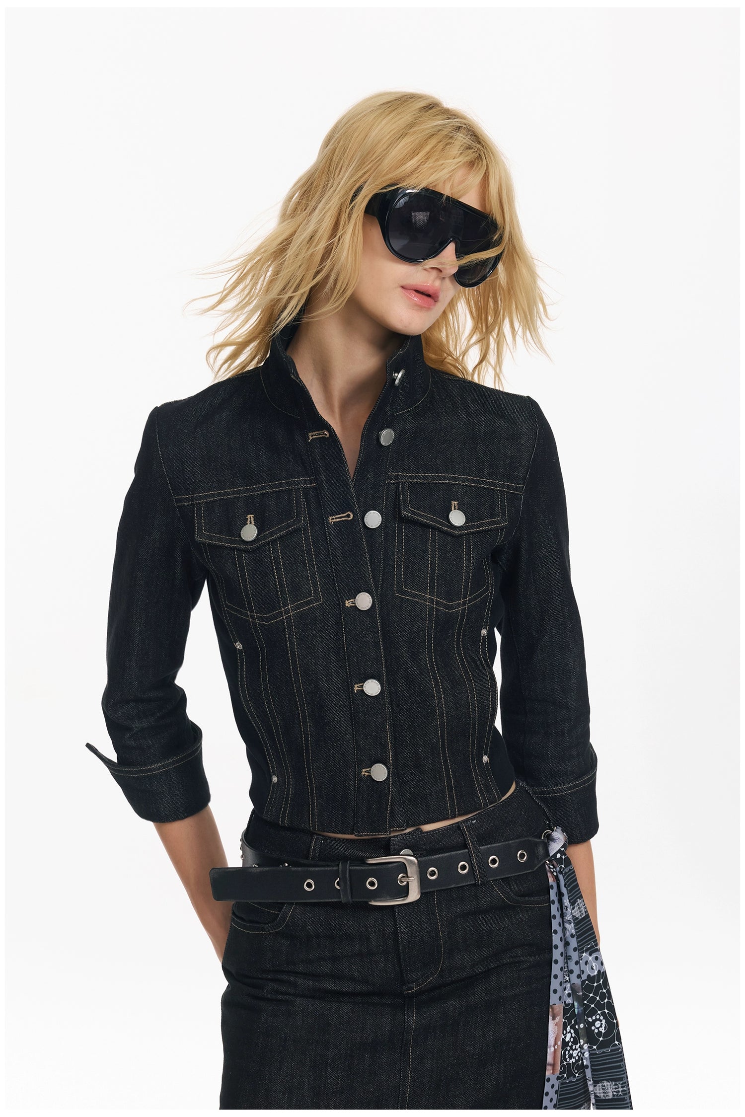 Cropped Stripe Stitch Denim Jacket &amp; Skirt Set