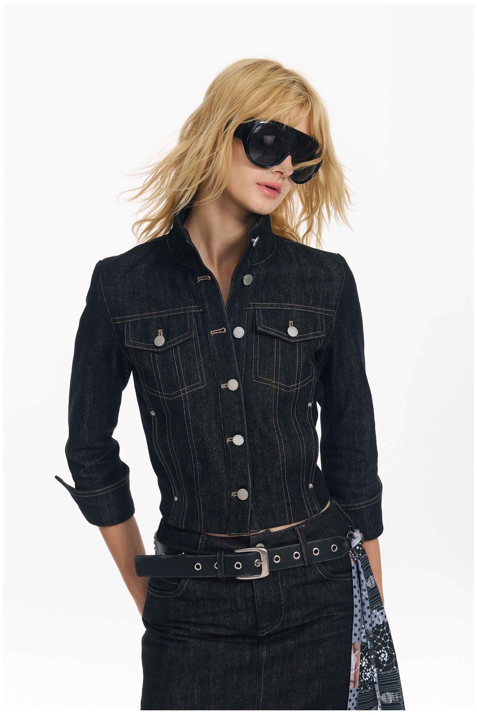 Cropped Stripe Stitch Denim Jacket &amp; Skirt Set