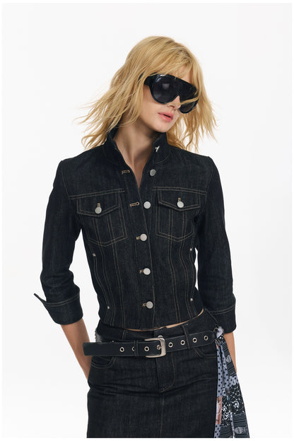 Cropped Stripe Stitch Denim Jacket &amp; Skirt Set