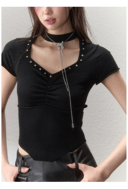 Choker Collar Rhinestone Cinched Waist T-Shirt - CHINASQUAD