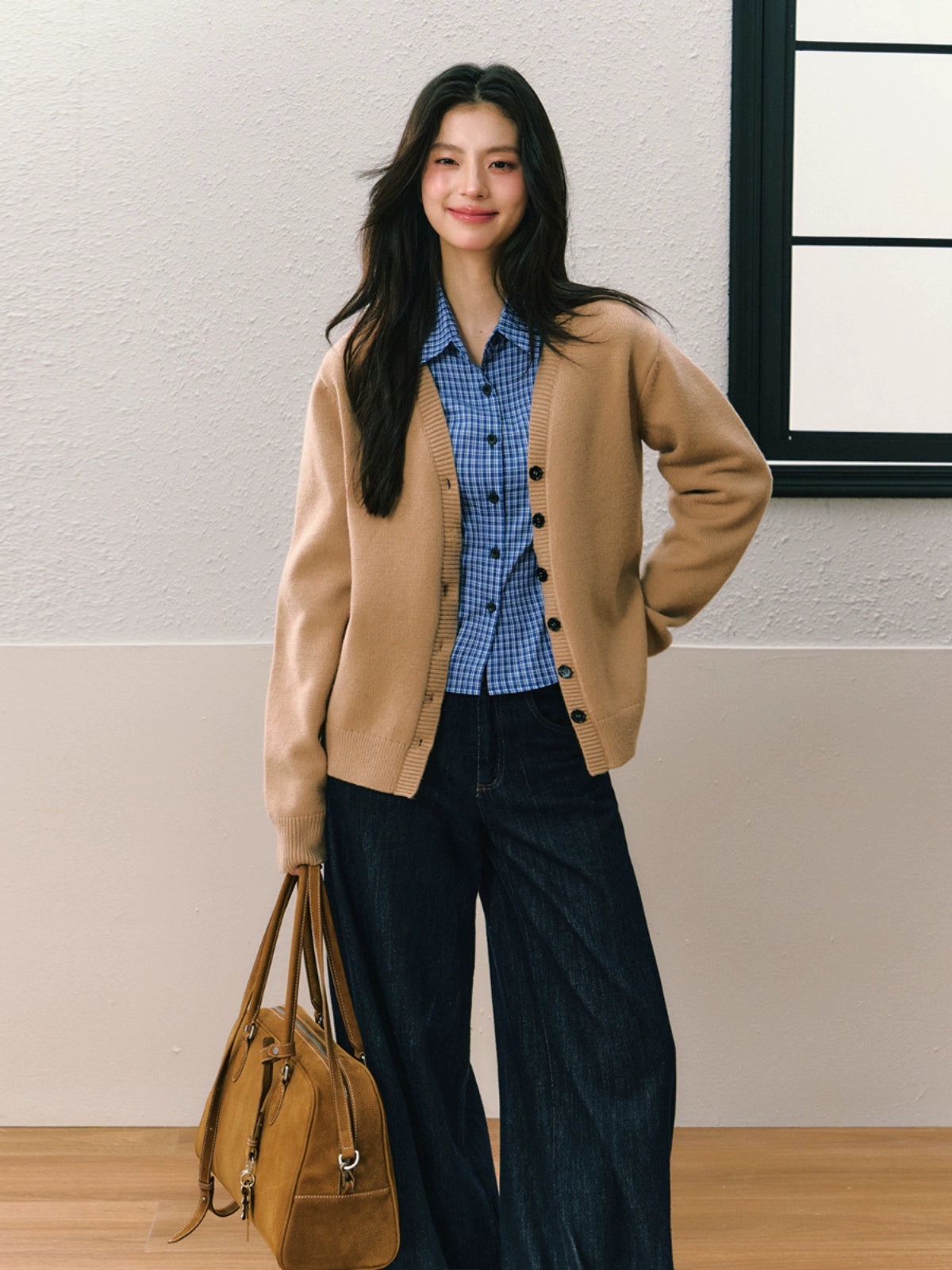 Lazy-Style Yellow V-Neck Knit Cardigan Set