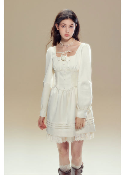 Beige Square Neck Lace Dress - CHINASQUAD