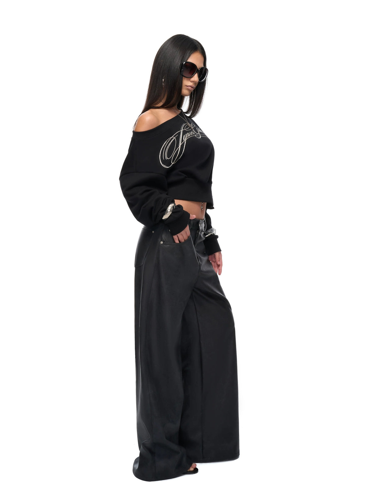 Crop Sweatshirt &amp; Faux Leather Pants Set