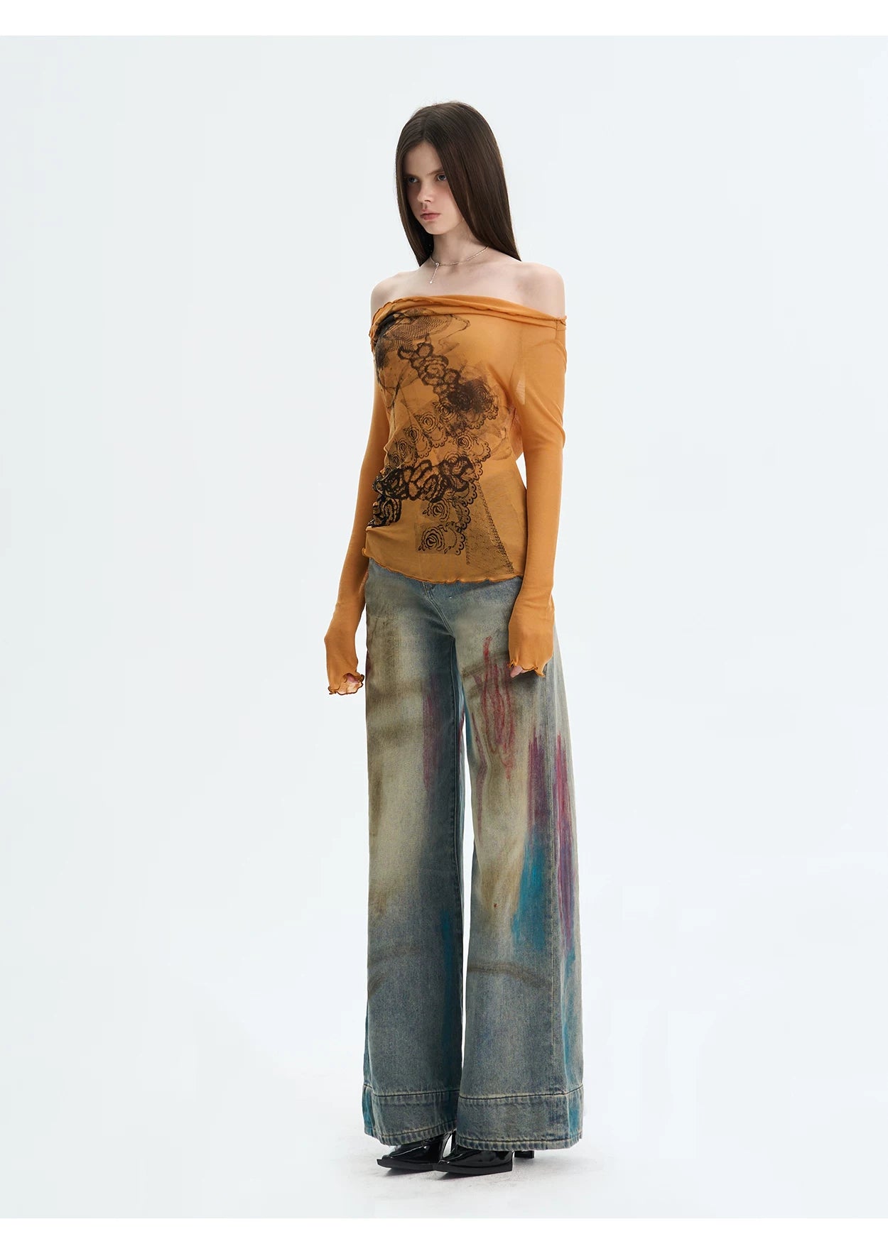 Lyocell Off-Shoulder Knit Crewneck