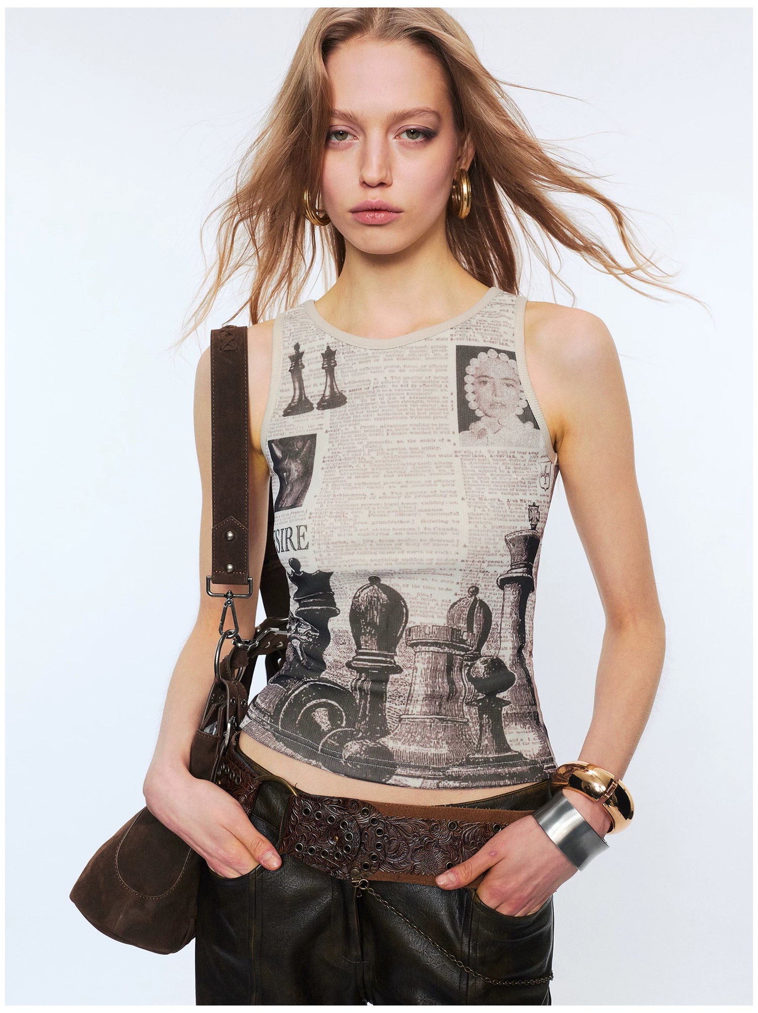 Reversible Newspaper Print Lace Panel Tank Top