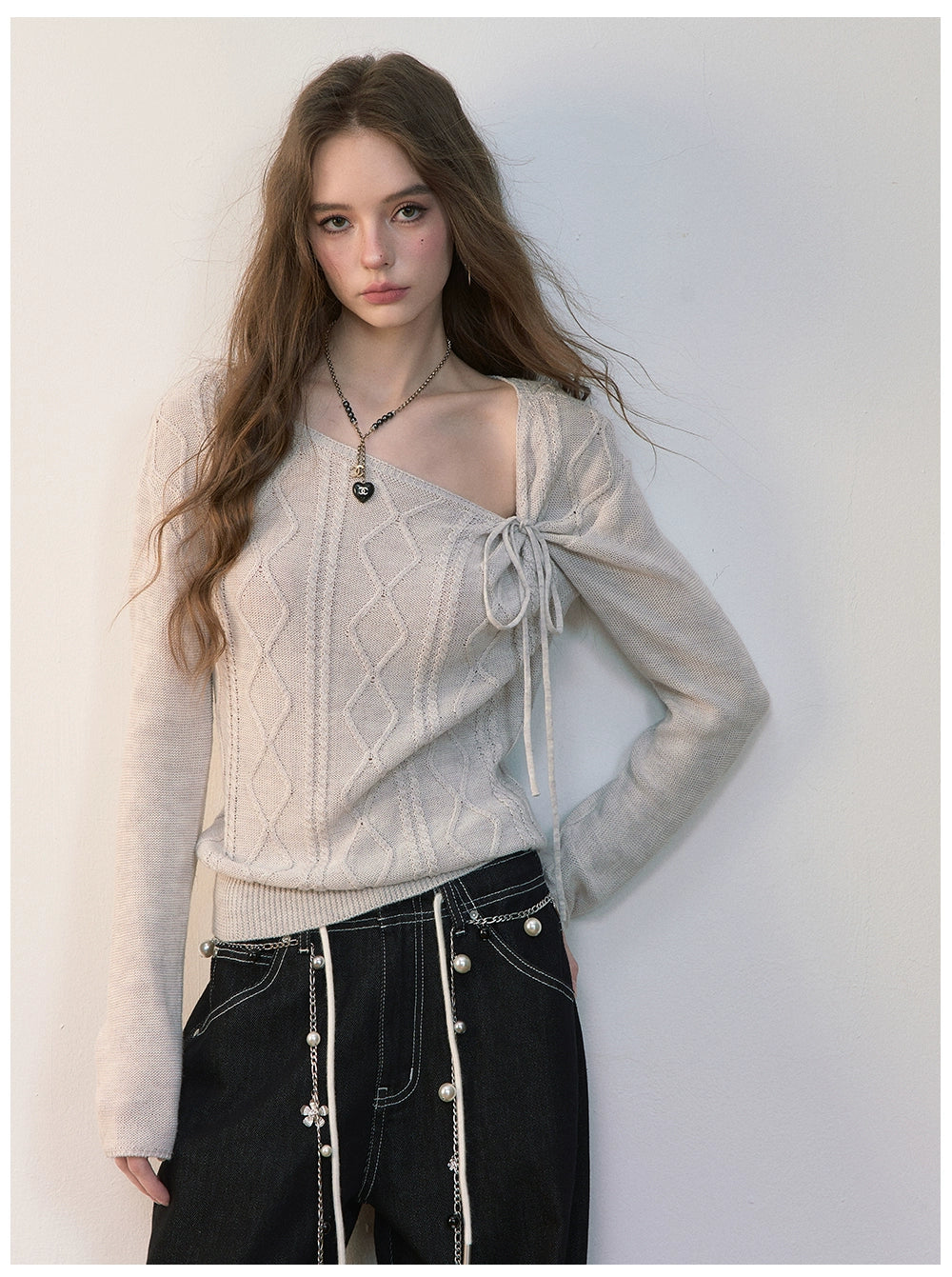 Asymmetrical Tie-Neck Cable Knit Sweater