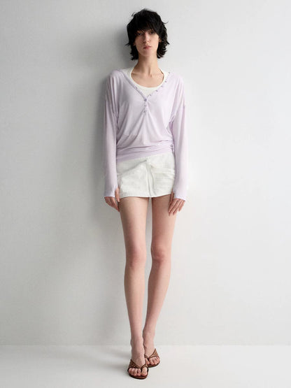 Tencel Linen V-neck Long Sleeve T-shirt