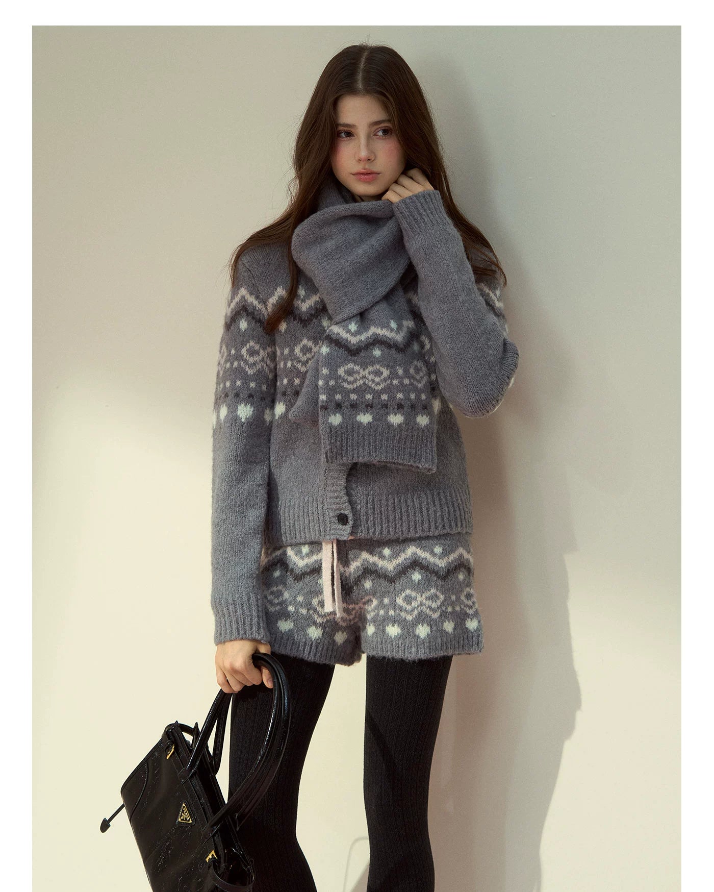 Fair Isle Knit Cardigan &amp; Shorts &amp; Scarf