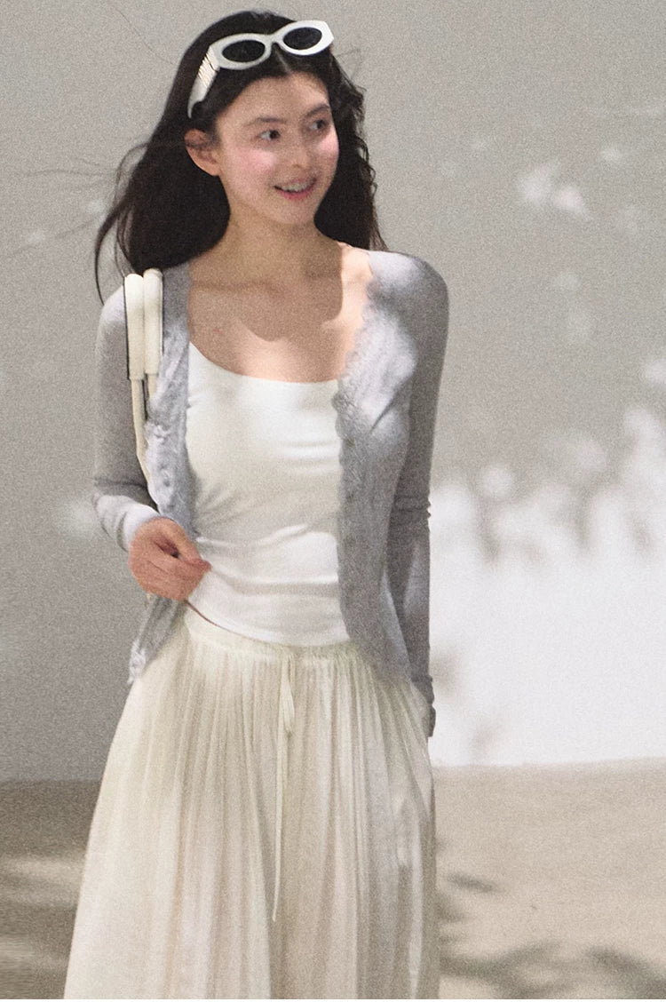 Lyocell Wool Lace-Trim Fitted Knit Cardigan