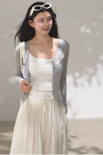 Lyocell Wool Lace-Trim Fitted Knit Cardigan