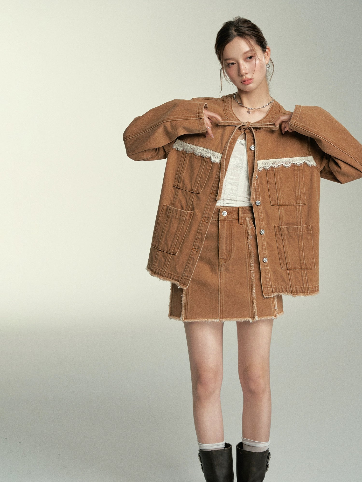 Lace Spliced Denim Jacket &amp; Mini Skirt Set - CHINASQUAD