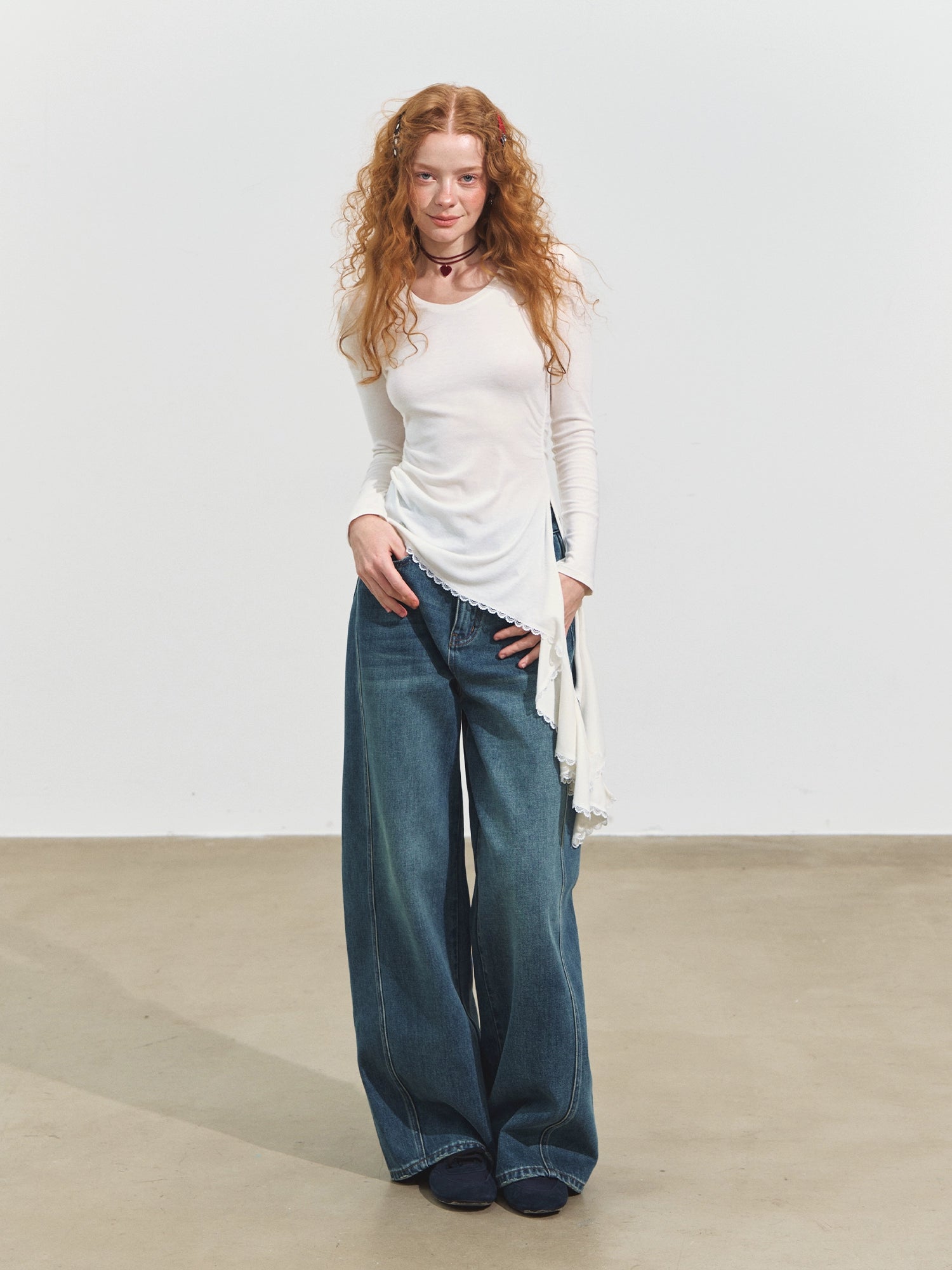 3D Seam Wide-Leg Crescent Denim Pants