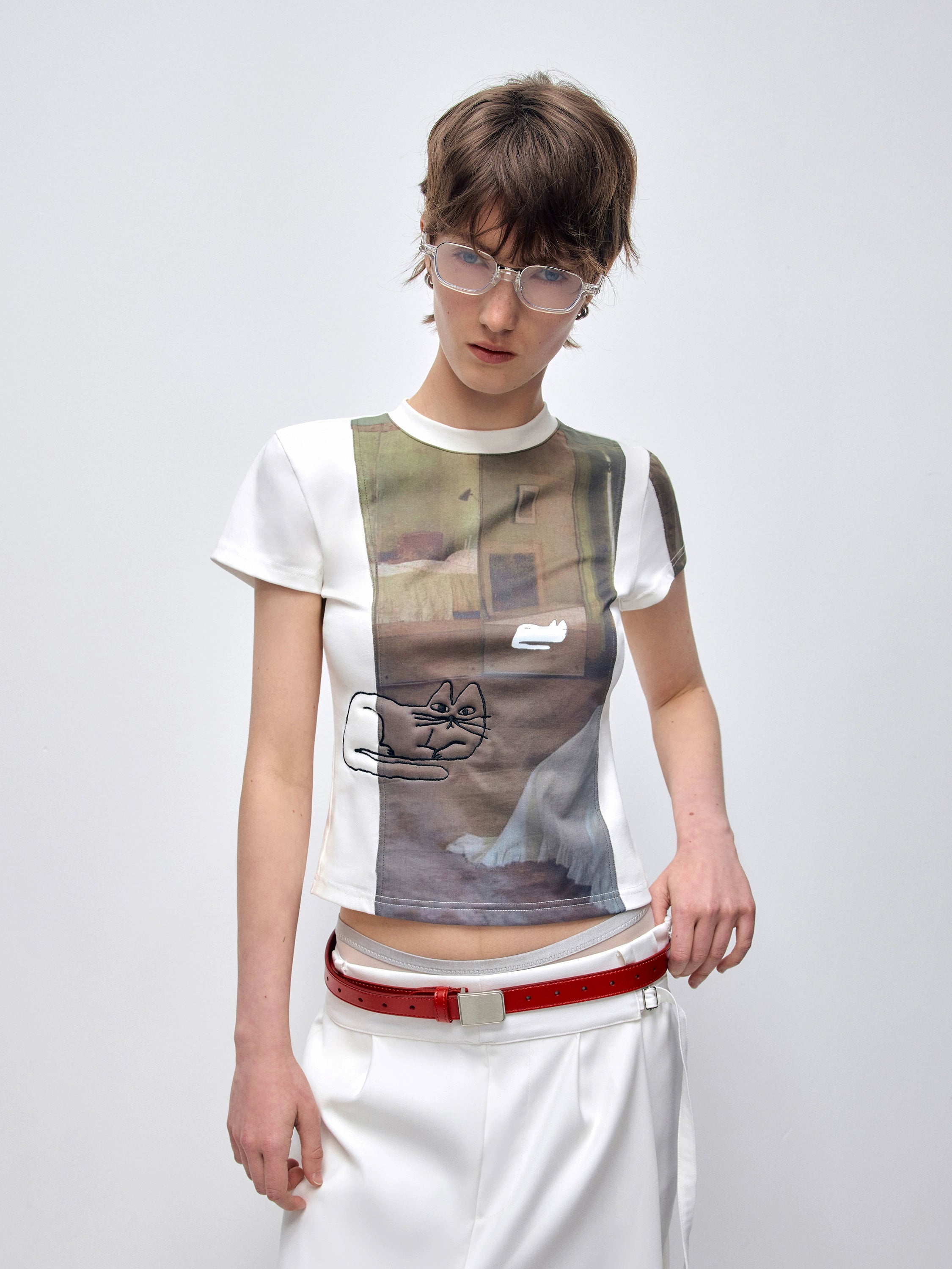 3D Cat Embroidery Shoulder Short Sleeve