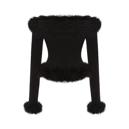 Feather-Trim Long-Sleeve Knit Top