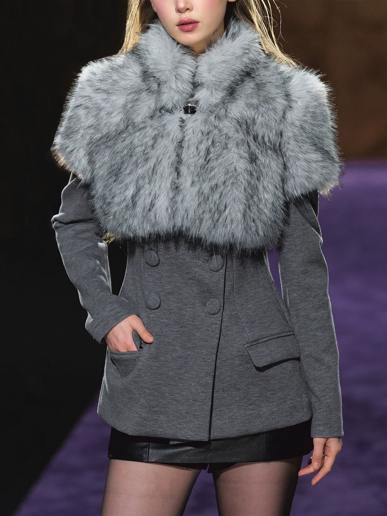 Faux Fur Collar Layered Double-Breasted Blazer Set