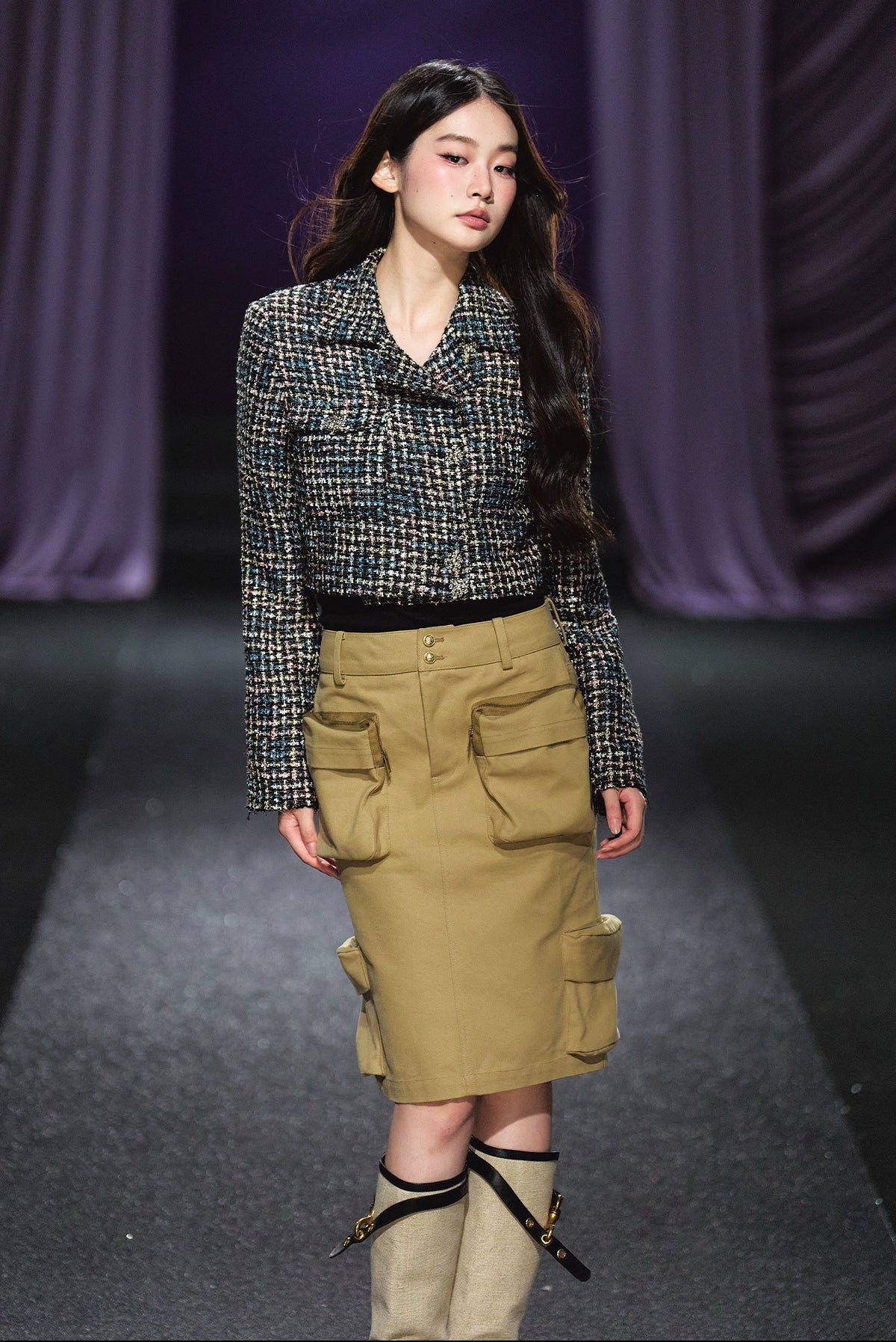 Khaki Utility Pocket Structured Midi Skirt