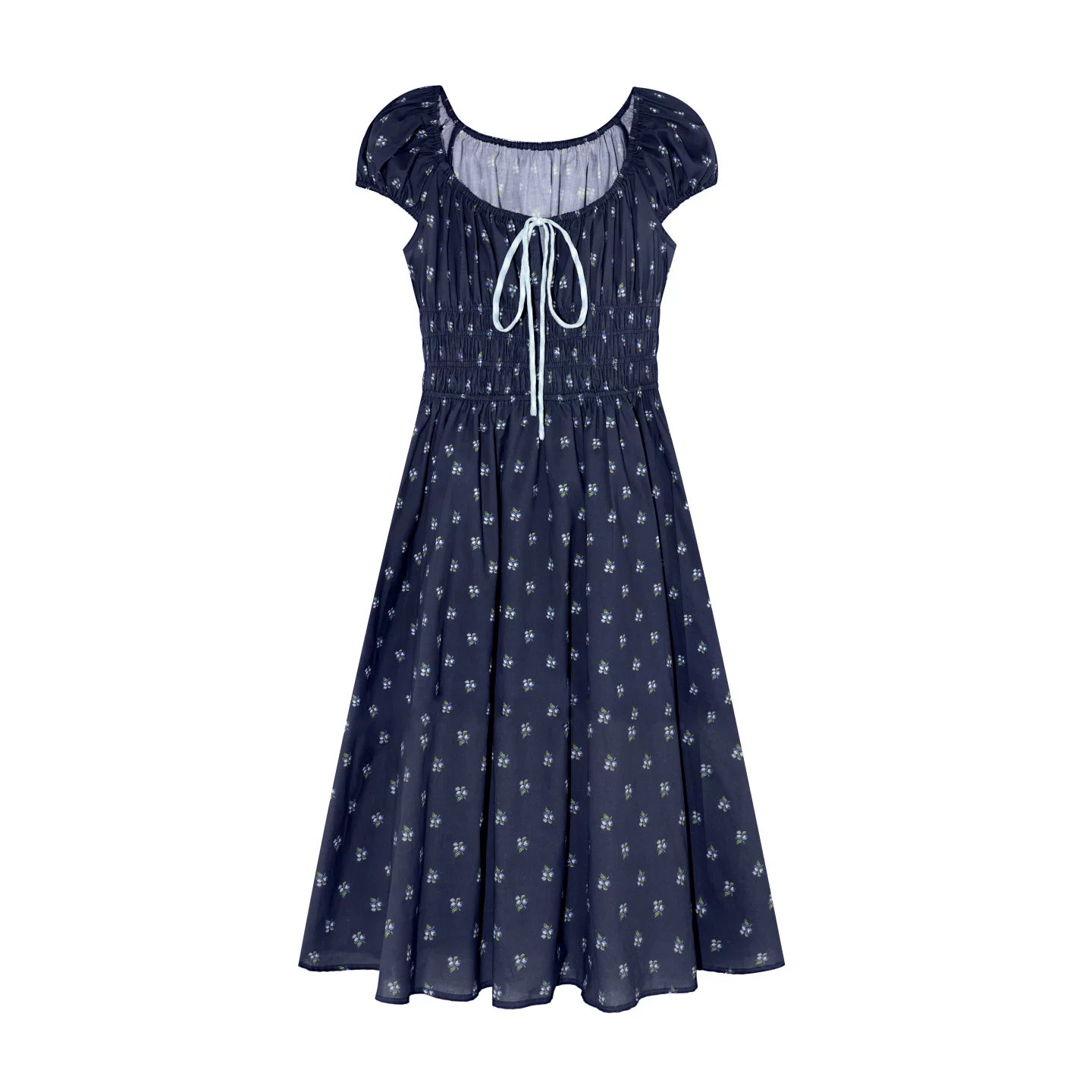 French Floral Tie-Waist Square Neck Puff Sleeve Dress