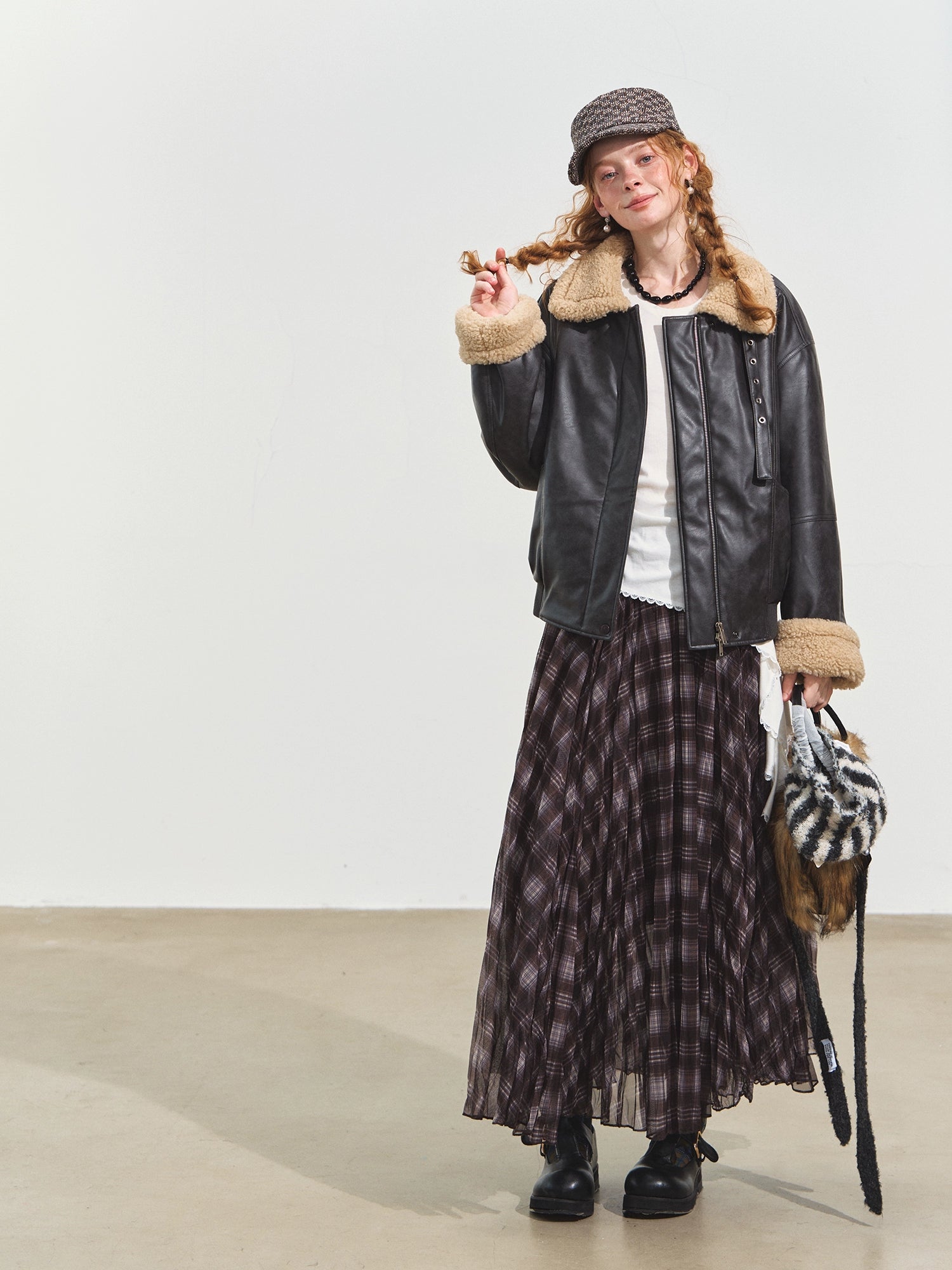 Lamb Wool Collar Faux Leather Biker Jacket