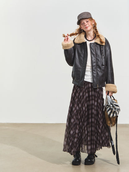 Lamb Wool Collar Faux Leather Biker Jacket
