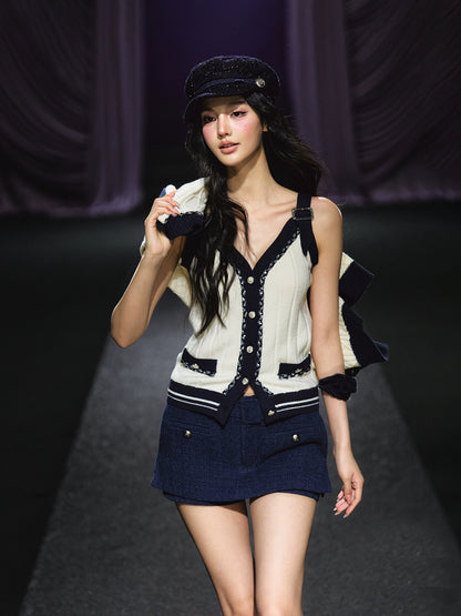 Contrast-Trim Knit Cardigan &amp; Vest Set