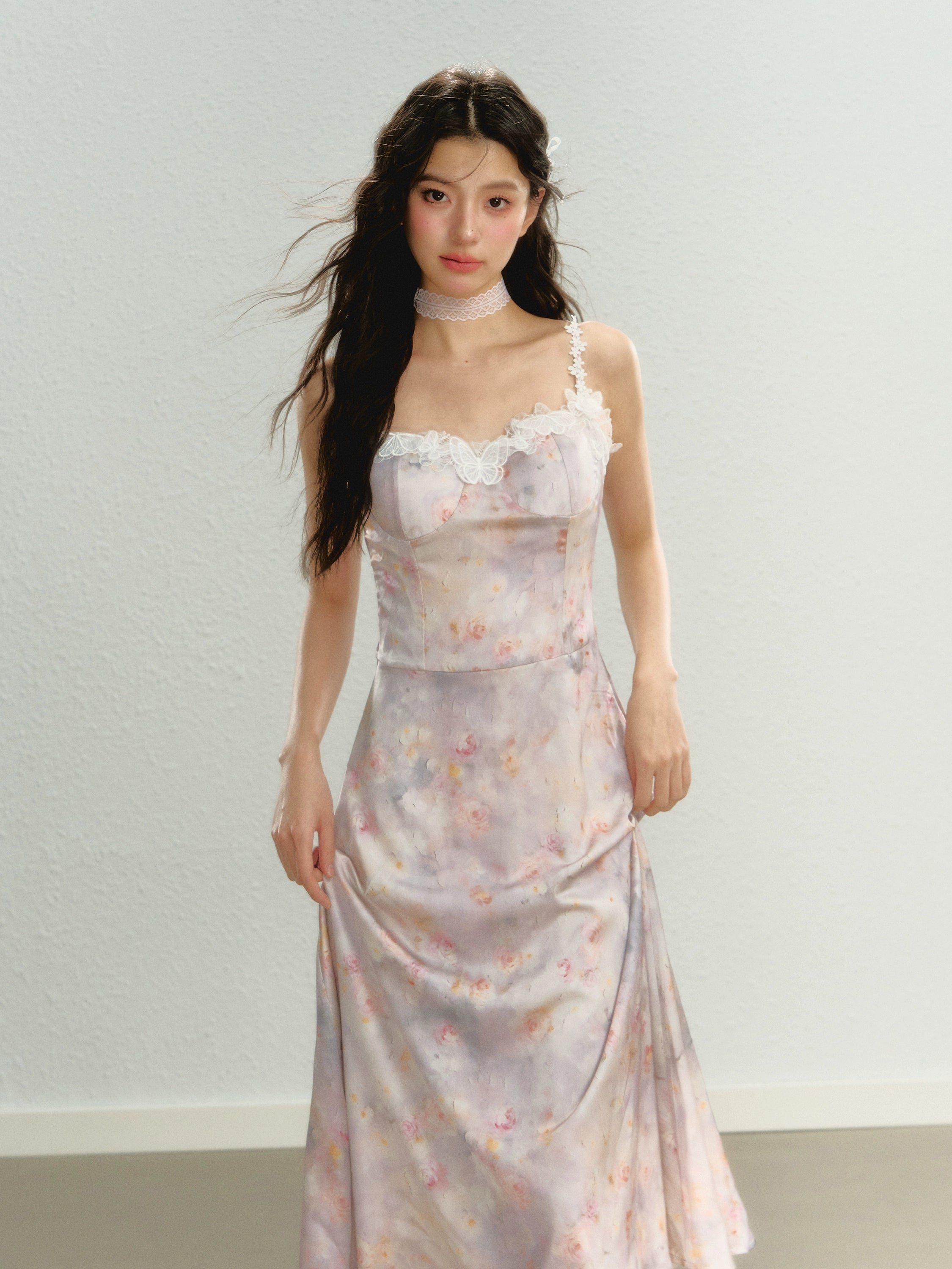 Purple New Chinese Style Printed Cami Dress - CHINASQUAD