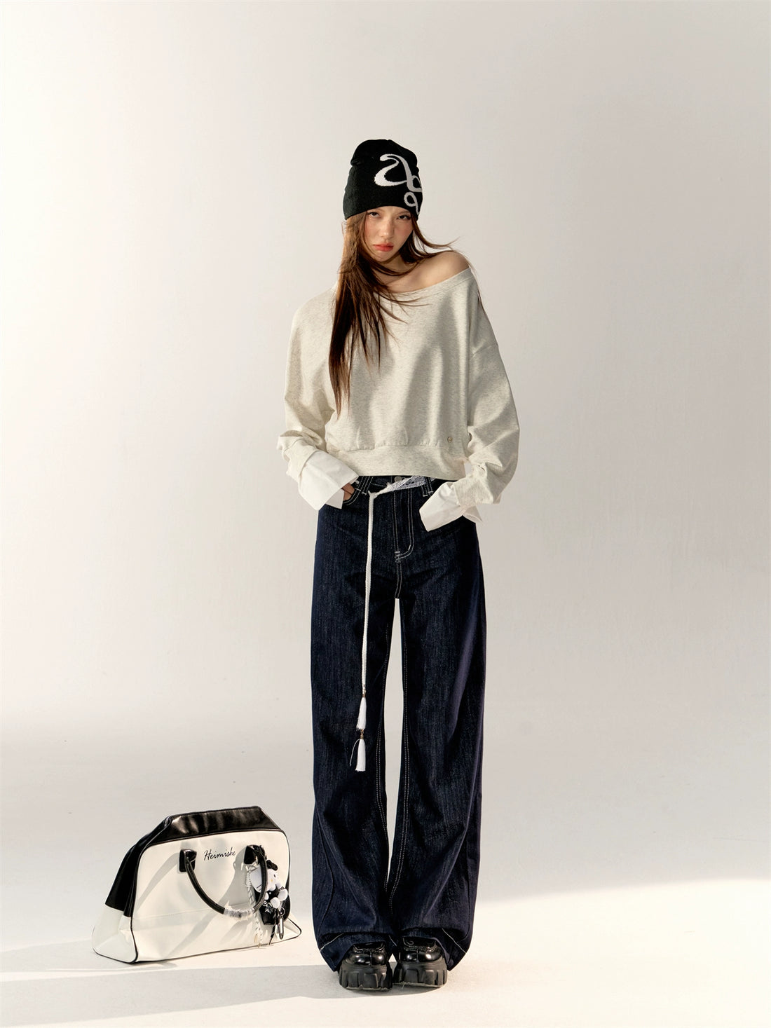 Dark Blue High-waist Wide-leg Pants