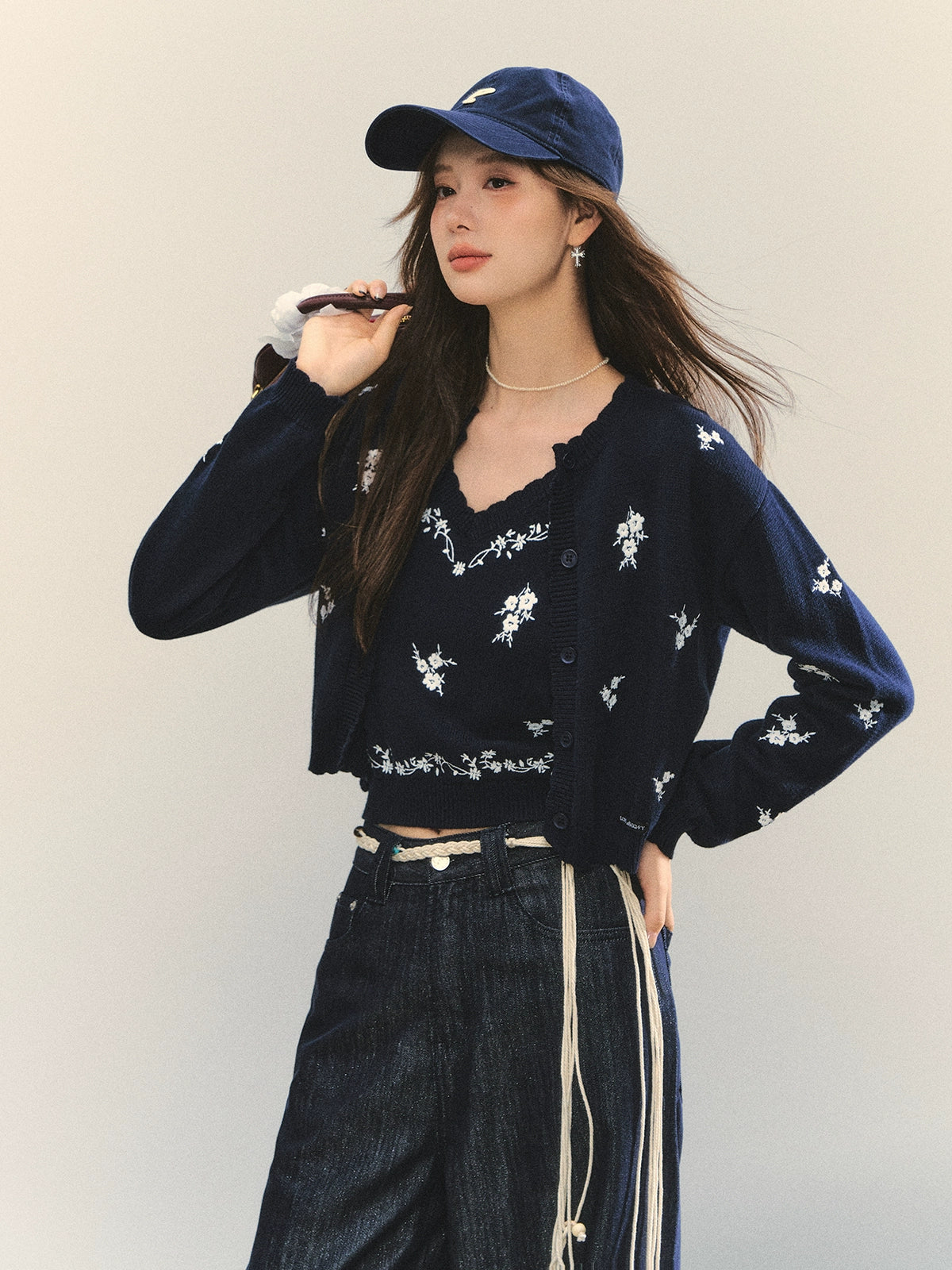 Navy Blue Floral Embroidery Knitted Cardigan