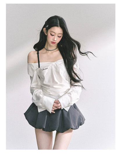 Off-Shoulder Plaid Long-Sleeve Shirt