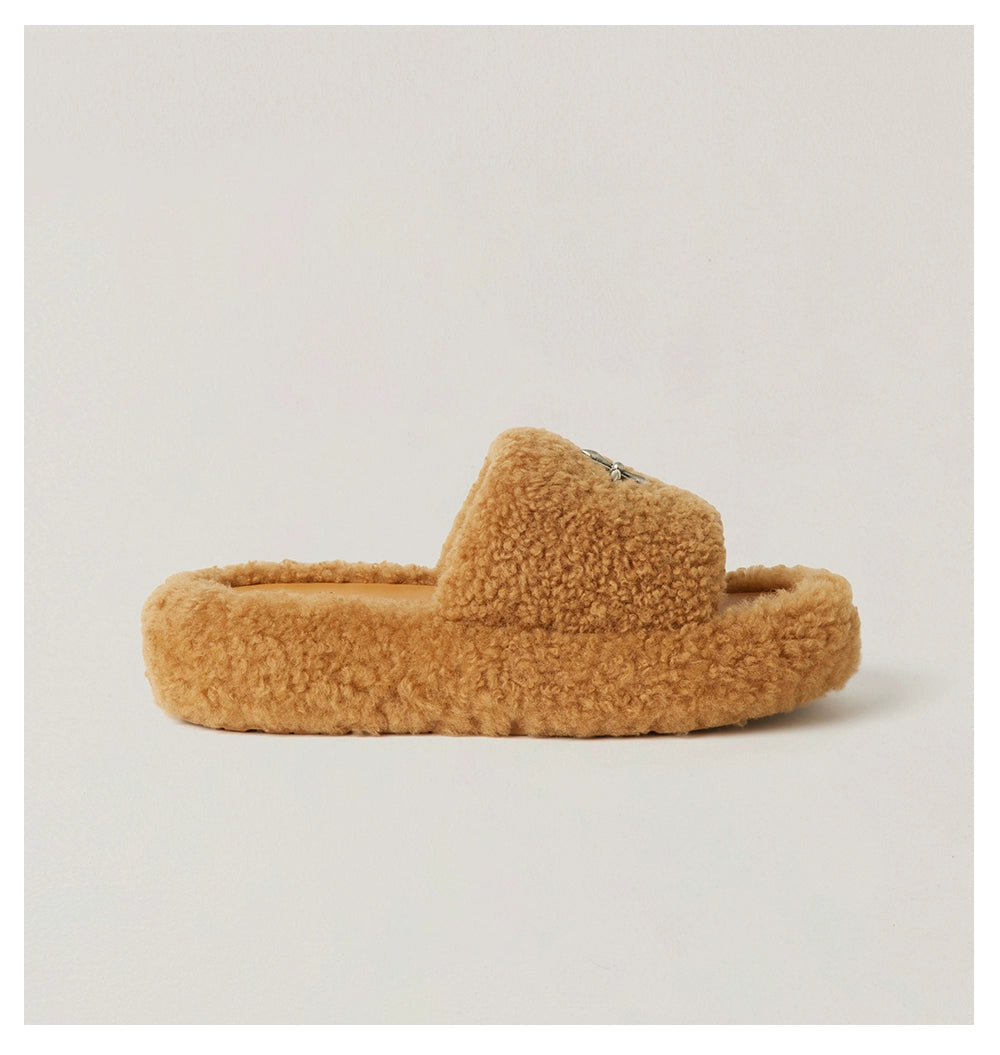 Compass Shearling Slide Sculpted Cross Emblem Sandals