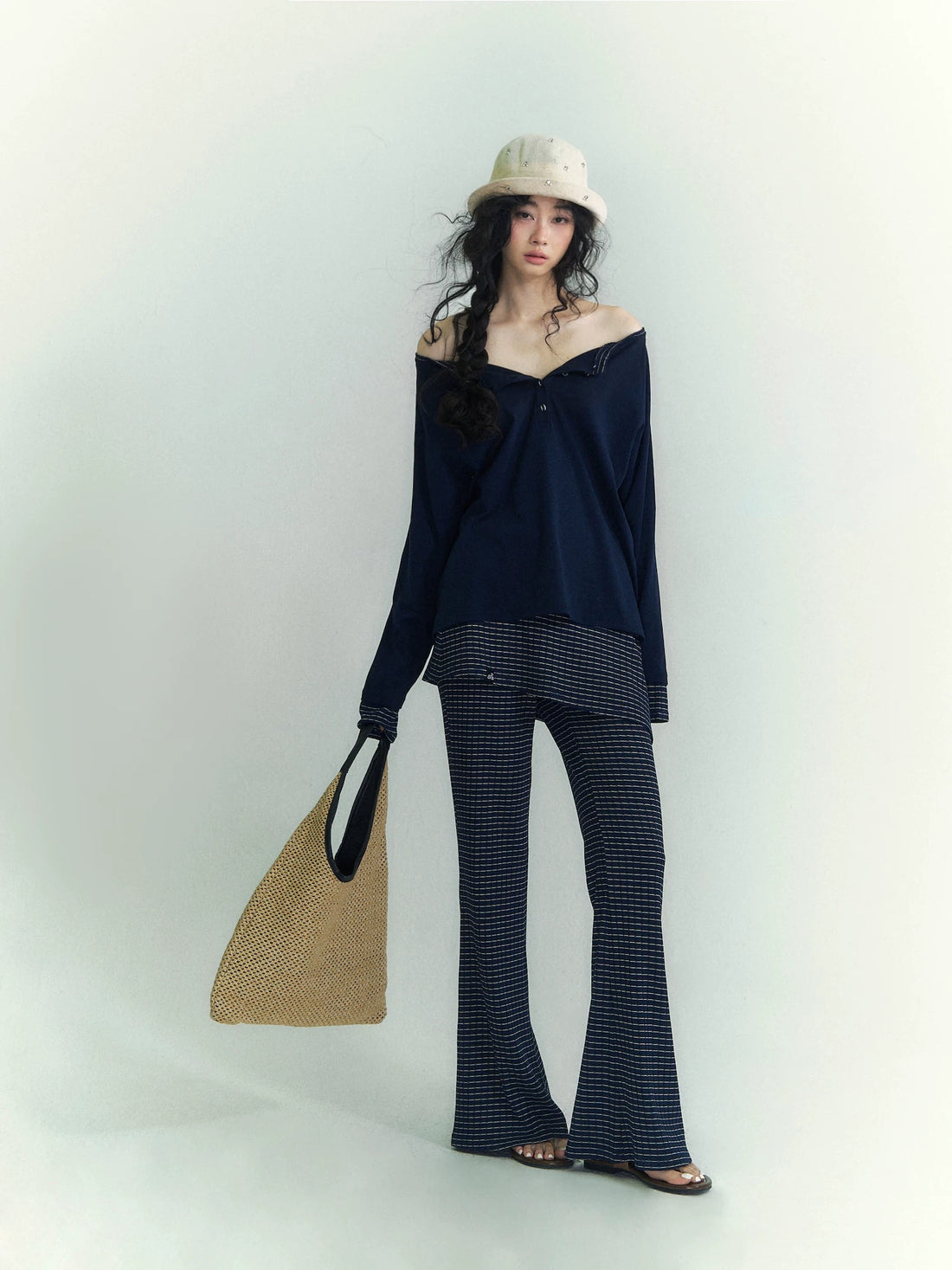 Patchwork Striped Henley Long Sleeve T-Shirt &amp; Layered Knit Flared Skirt Pants Set