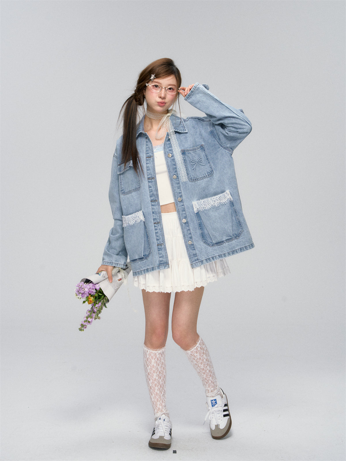 Lace-Patchwork Utility Pocket Denim Jacket