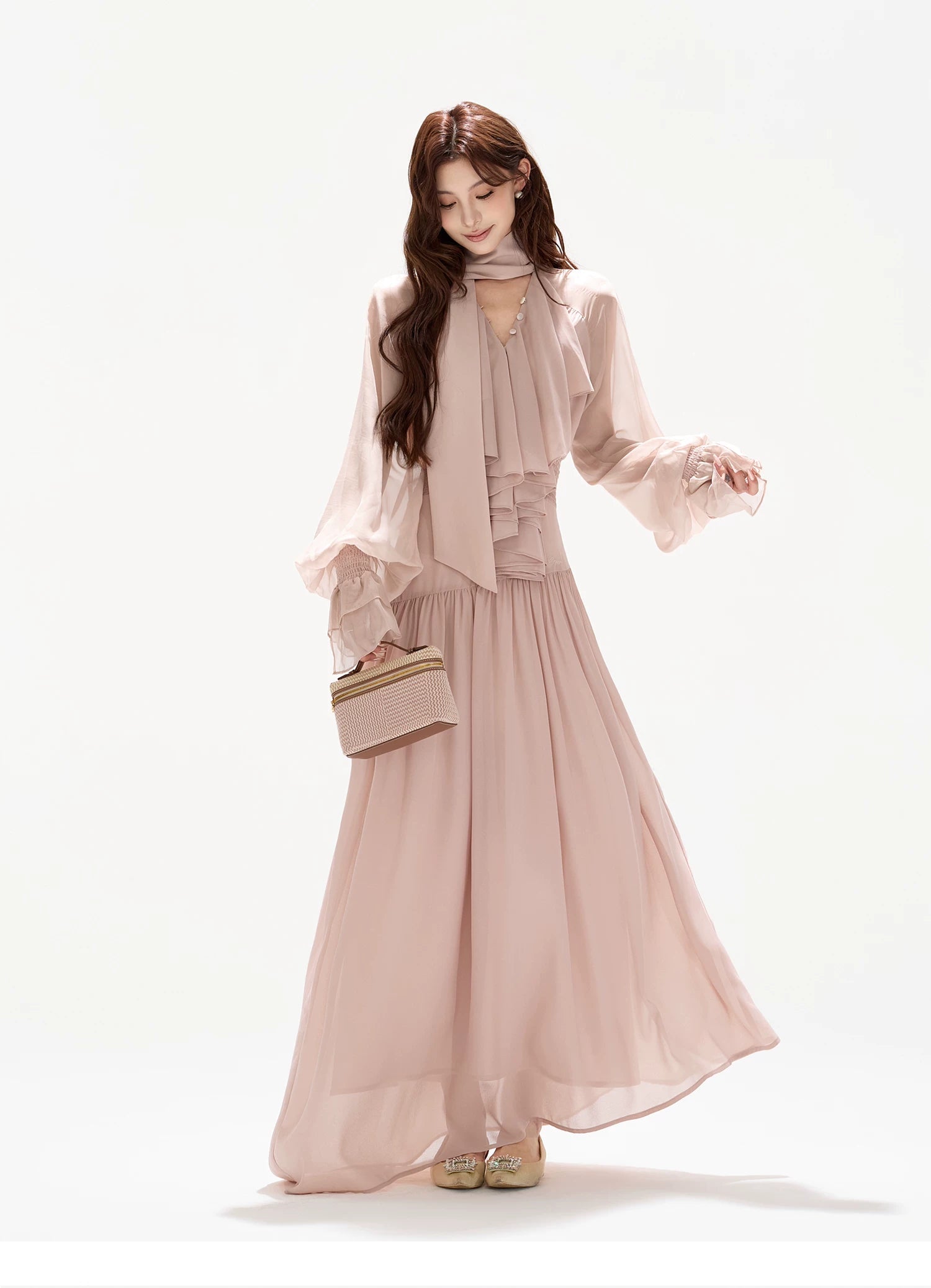 V-Neck Lantern Sleeve Maxi Dress
